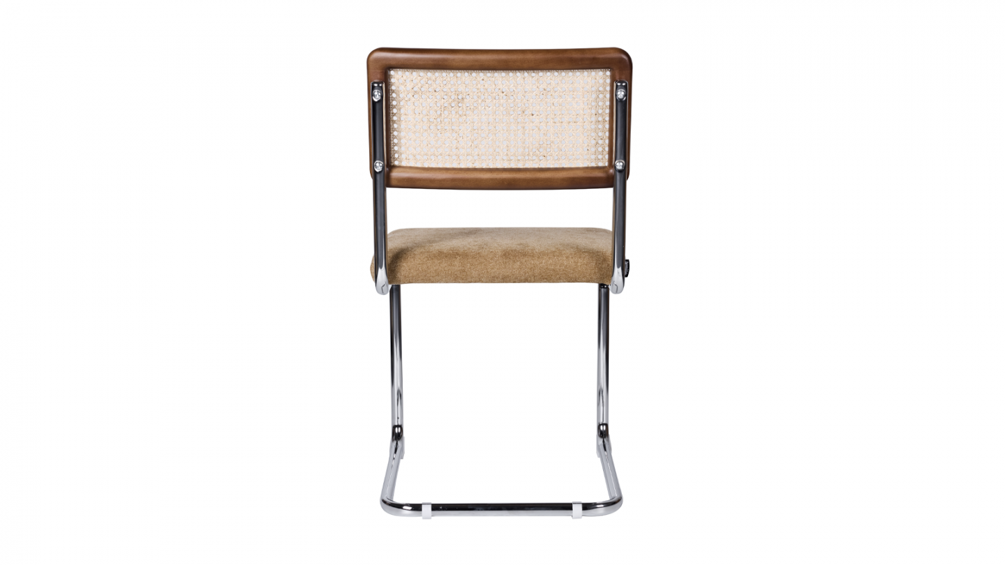 Lot de 2 chaises en cannage, tissu chenille camel et piètement chromé - Muse Lot de 2 chaises en cannage, tissu chenille camel et piètement chromé - Muse
