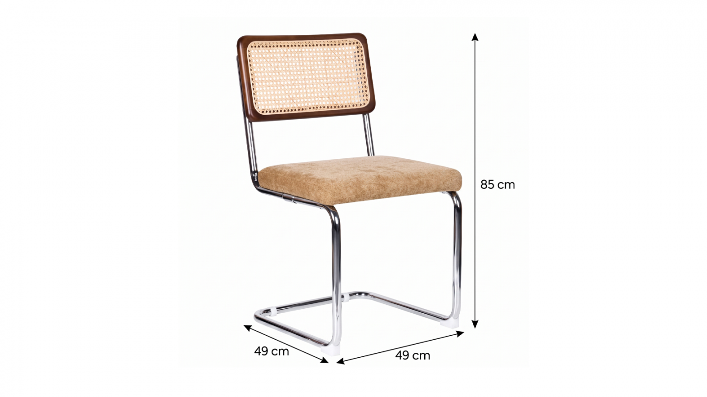 Lot de 2 chaises en cannage, tissu chenille camel et piètement chromé - Muse Lot de 2 chaises en cannage, tissu chenille camel et piètement chromé - Muse