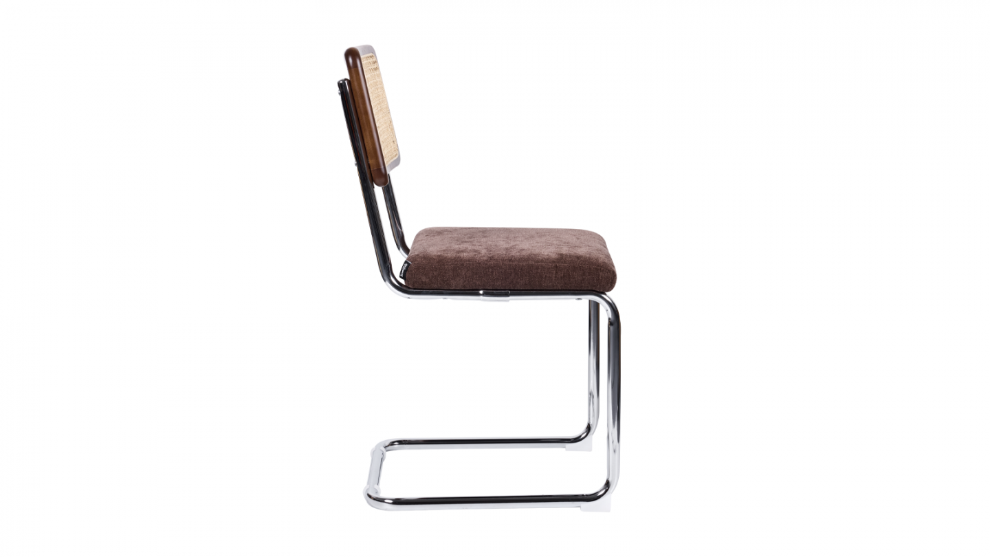 Lot de 2 chaises en cannage, tissu chenille marron et piètement chromé - Muse Lot de 2 chaises en cannage, tissu chenille marron et piètement chromé - Muse