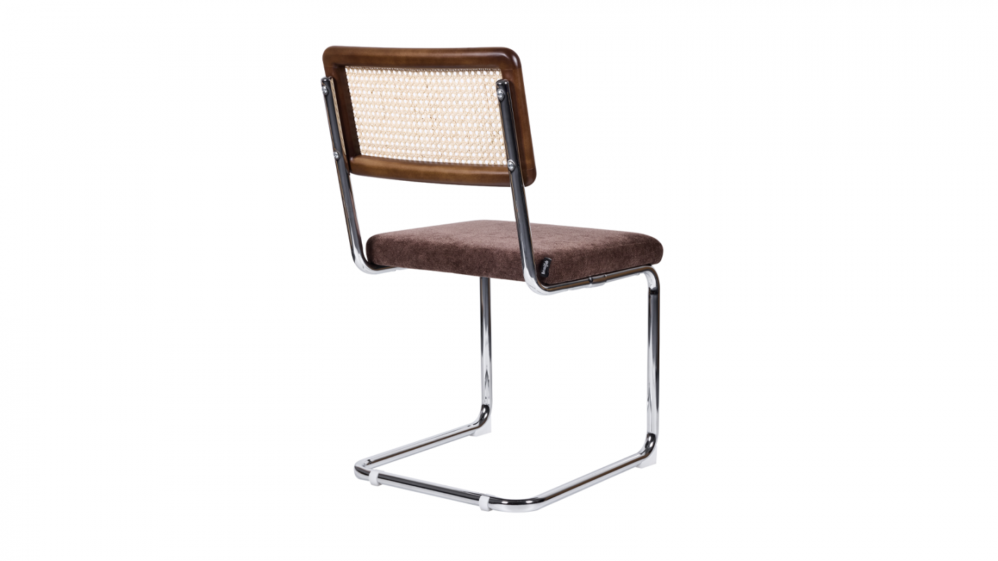 Lot de 2 chaises en cannage, tissu chenille marron et piètement chromé - Muse Lot de 2 chaises en cannage, tissu chenille marron et piètement chromé - Muse