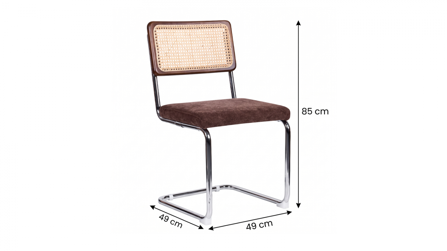 Lot de 2 chaises en cannage, tissu chenille marron et piètement chromé - Muse Lot de 2 chaises en cannage, tissu chenille marron et piètement chromé - Muse