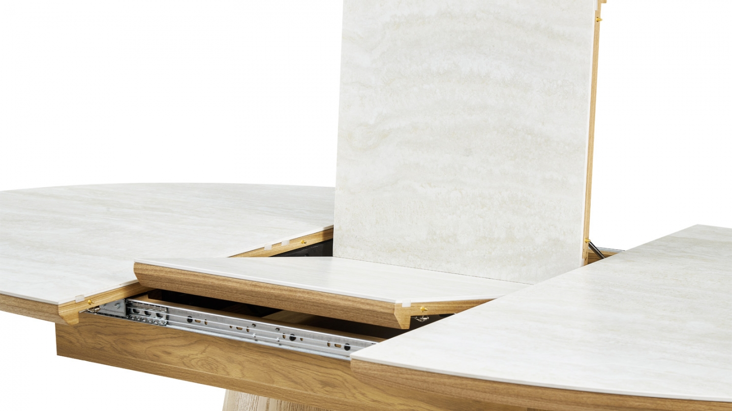 Table à manger extensible en chêne clair et céramique effet Travertin 6 à 8 personnes 170/220 cm - Ora Table à manger extensible en chêne clair et céramique effet Travertin 6 à 8 personnes 170/220 cm - Ora