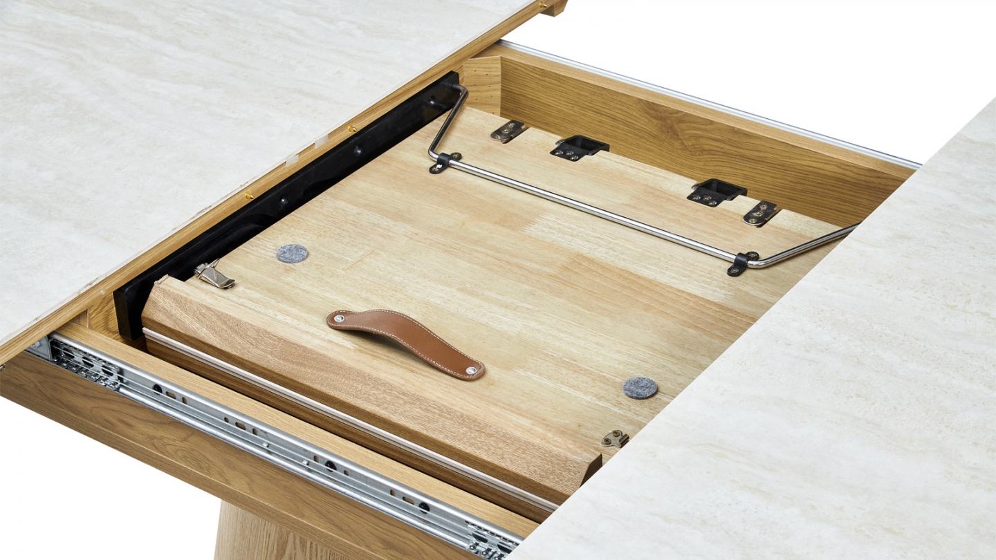 Table à manger extensible en chêne clair et céramique effet Travertin 6 à 8 personnes 170/220 cm - Ora Table à manger extensible en chêne clair et céramique effet Travertin 6 à 8 personnes 170/220 cm - Ora
