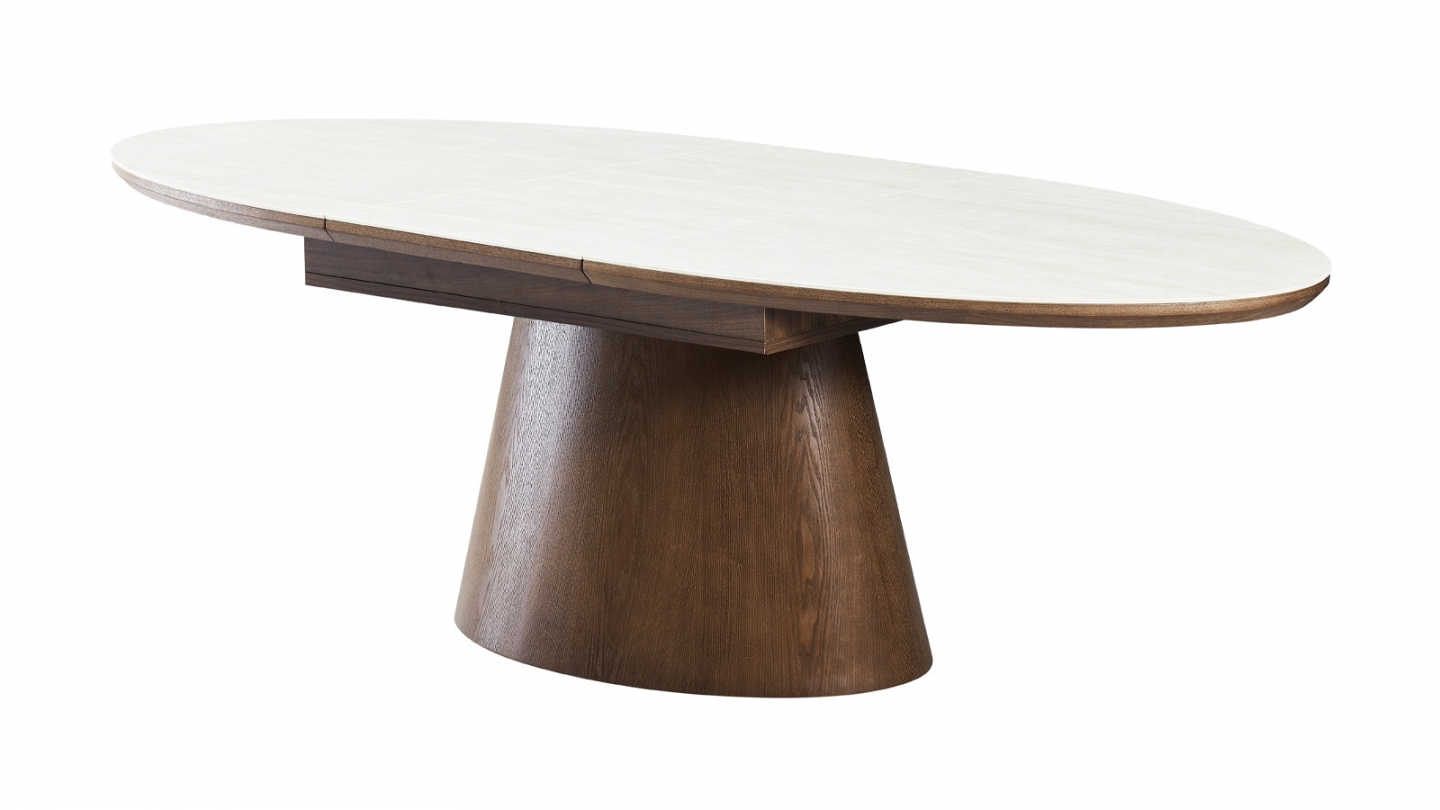 Table à manger extensible en chêne foncé et céramique effet Travertin 6 à 8 personnes 170/220 cm - Ora Table à manger extensible en chêne foncé et céramique effet Travertin 6 à 8 personnes 170/220 cm - Ora