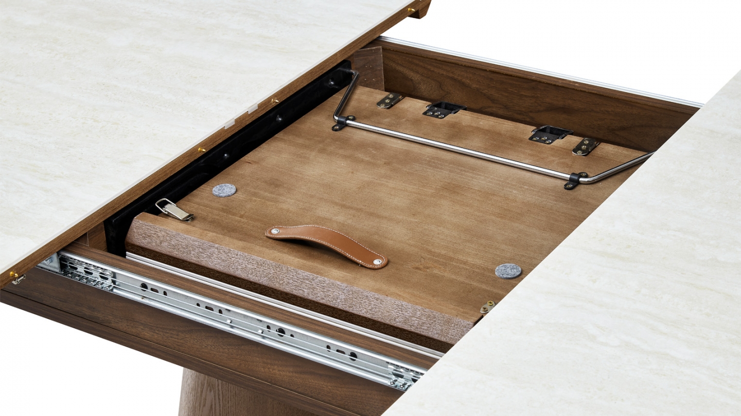 Table à manger extensible en chêne foncé et céramique effet Travertin 6 à 8 personnes 170/220 cm - Ora Table à manger extensible en chêne foncé et céramique effet Travertin 6 à 8 personnes 170/220 cm - Ora