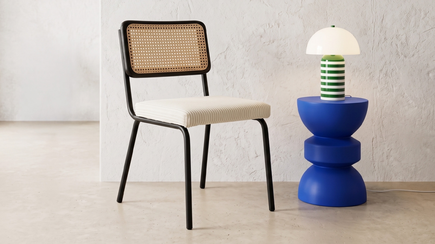 Lot de 2 chaises en cannage velours côtelé beige et métal noir - Paula Lot de 2 chaises en cannage velours côtelé beige et métal noir - Paula