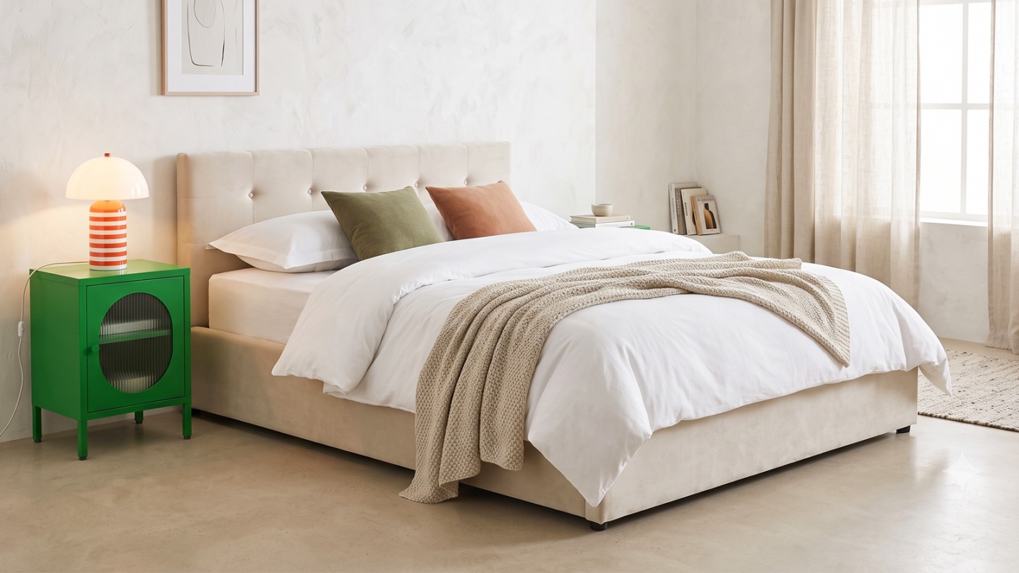 Lit coffre adulte 160x200 cm avec tête de lit capitonnée en velours beige et sommier - Tina Lit coffre adulte 160x200 cm avec tête de lit capitonnée en velours beige et sommier - Tina