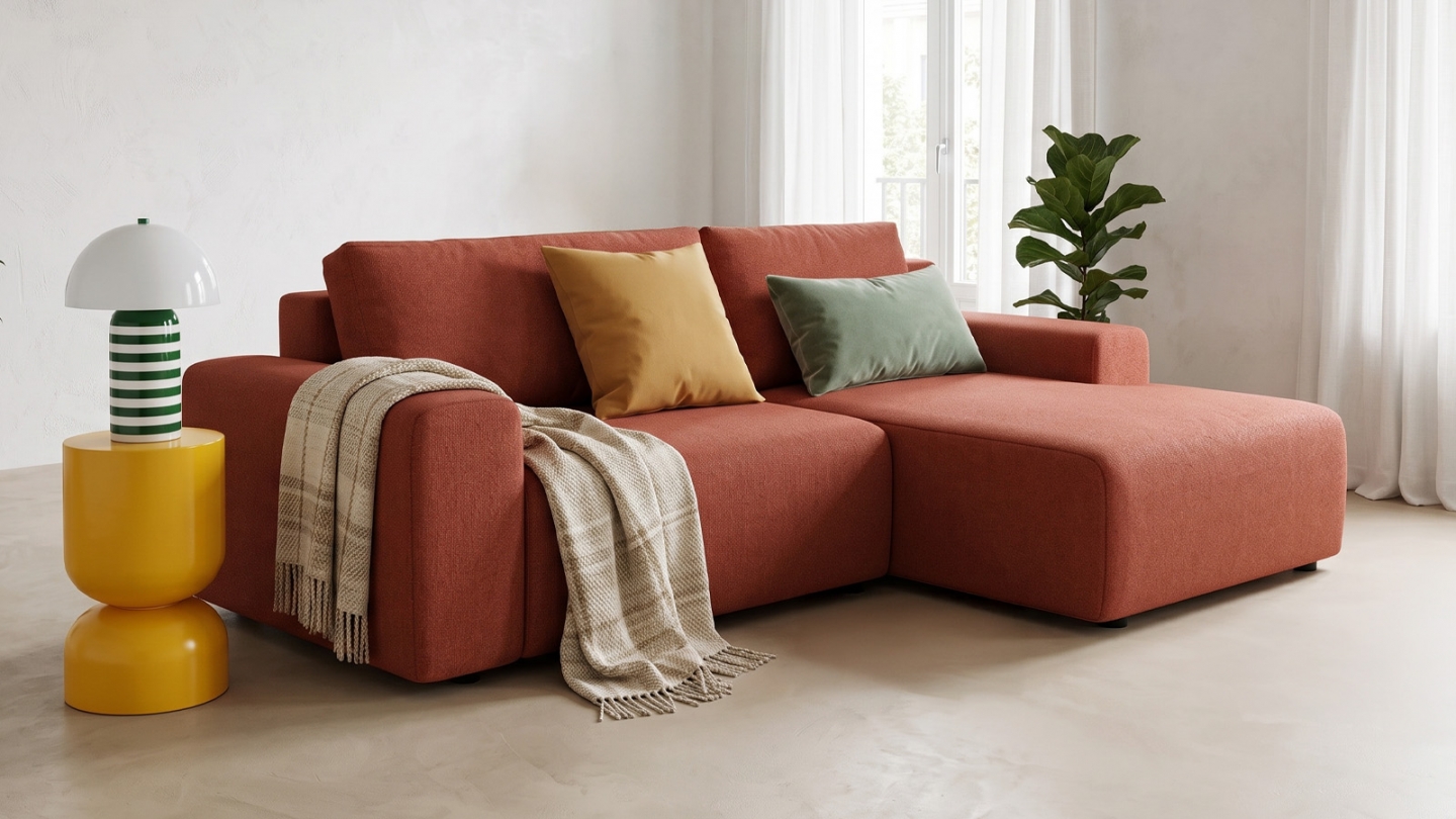 Canapé d'angle réversible convertible 5 places en tissu chenille terracotta - Luno Canapé d'angle réversible convertible 5 places en tissu chenille terracotta - Luno