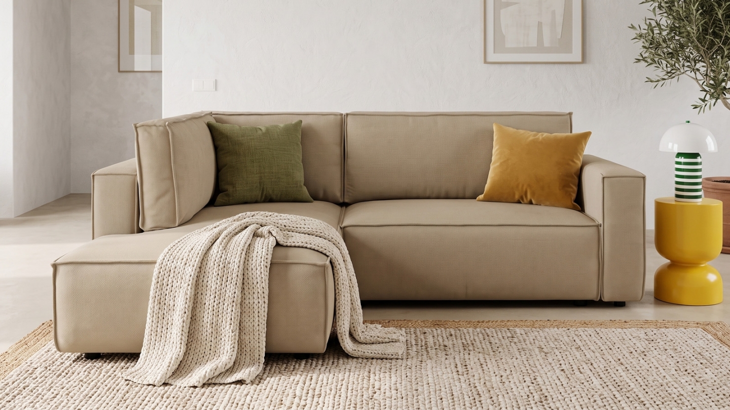 Canapé d'angle ouvert à gauche convertible 3 places en tissu chenille moka - Emma Canapé d'angle ouvert à gauche convertible 3 places en tissu chenille moka - Emma