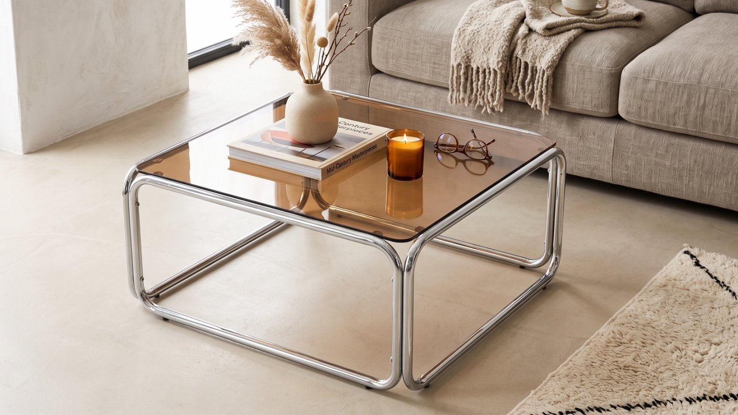 Table basse carrée en acier chromé et verre fumé 85x85 cm - Spritz Table basse carrée en acier chromé et verre fumé 85x85 cm - Spritz