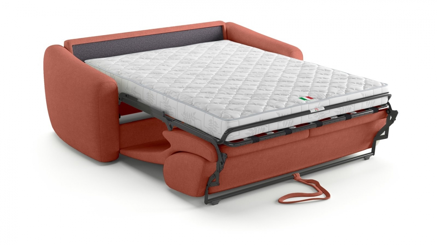 Canapé droit convertible 3 places en tissu chenille terracotta - ouverture express - Suzie Canapé droit convertible 3 places en tissu chenille terracotta - ouverture express - Suzie
