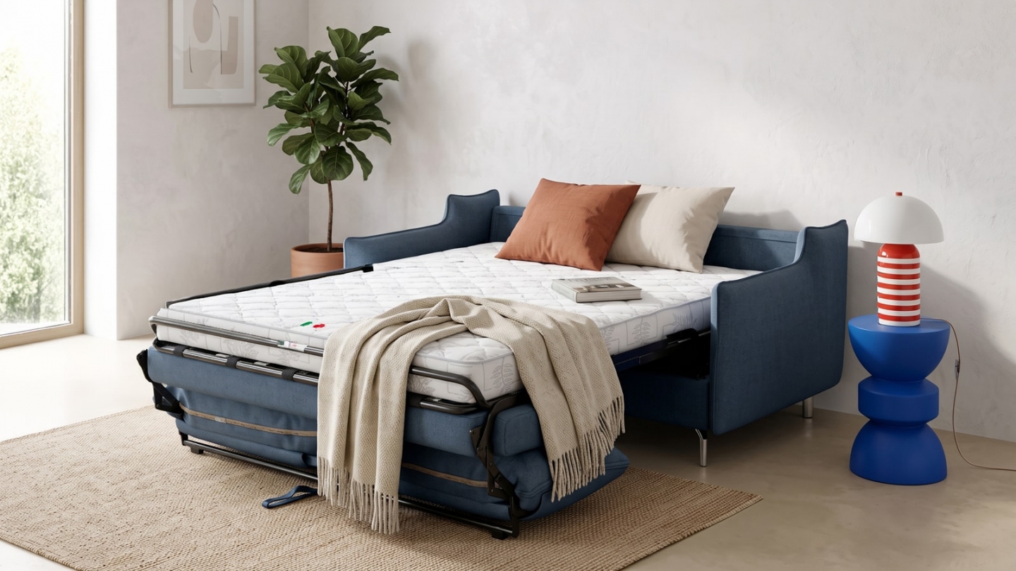 Canapé droit convertible 3 places en tissu chenille bleu foncé - ouverture express - Astoria Canapé droit convertible 3 places en tissu chenille bleu foncé - ouverture express - Astoria
