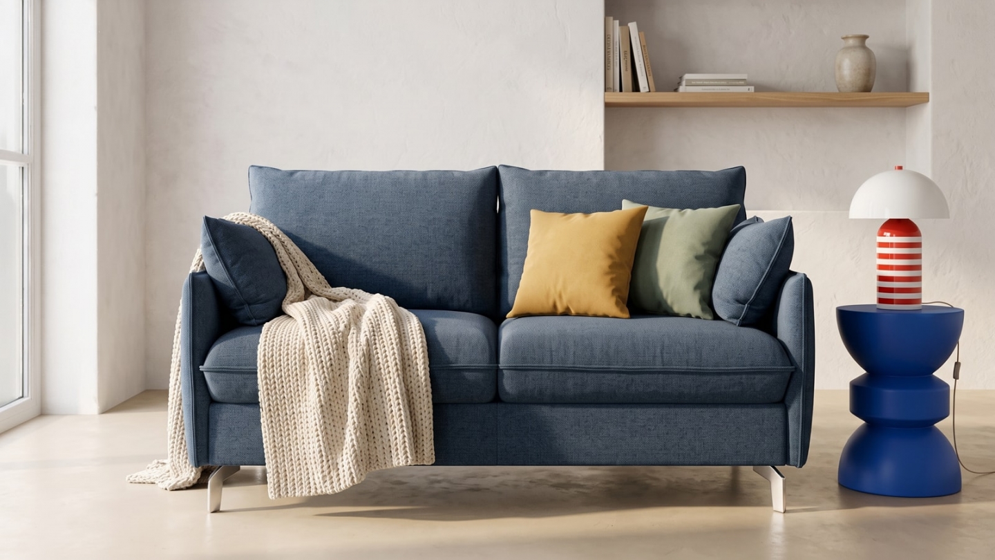 Canapé droit convertible 3 places en tissu chenille bleu foncé - ouverture express - Astoria Canapé droit convertible 3 places en tissu chenille bleu foncé - ouverture express - Astoria