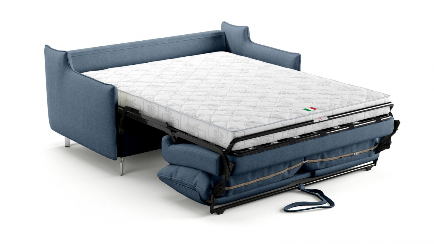 Canapé droit convertible 3 places en tissu chenille bleu foncé - ouverture express - Astoria Canapé droit convertible 3 places en tissu chenille bleu foncé - ouverture express - Astoria