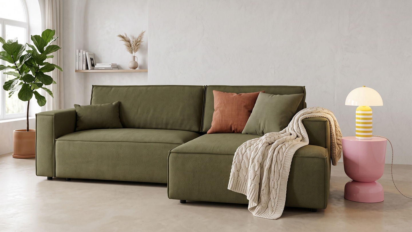 Canapé d'angle à droite convertible 3 places en tissu chenille vert kaki - Asti Canapé d'angle à droite convertible 3 places en tissu chenille vert kaki - Asti