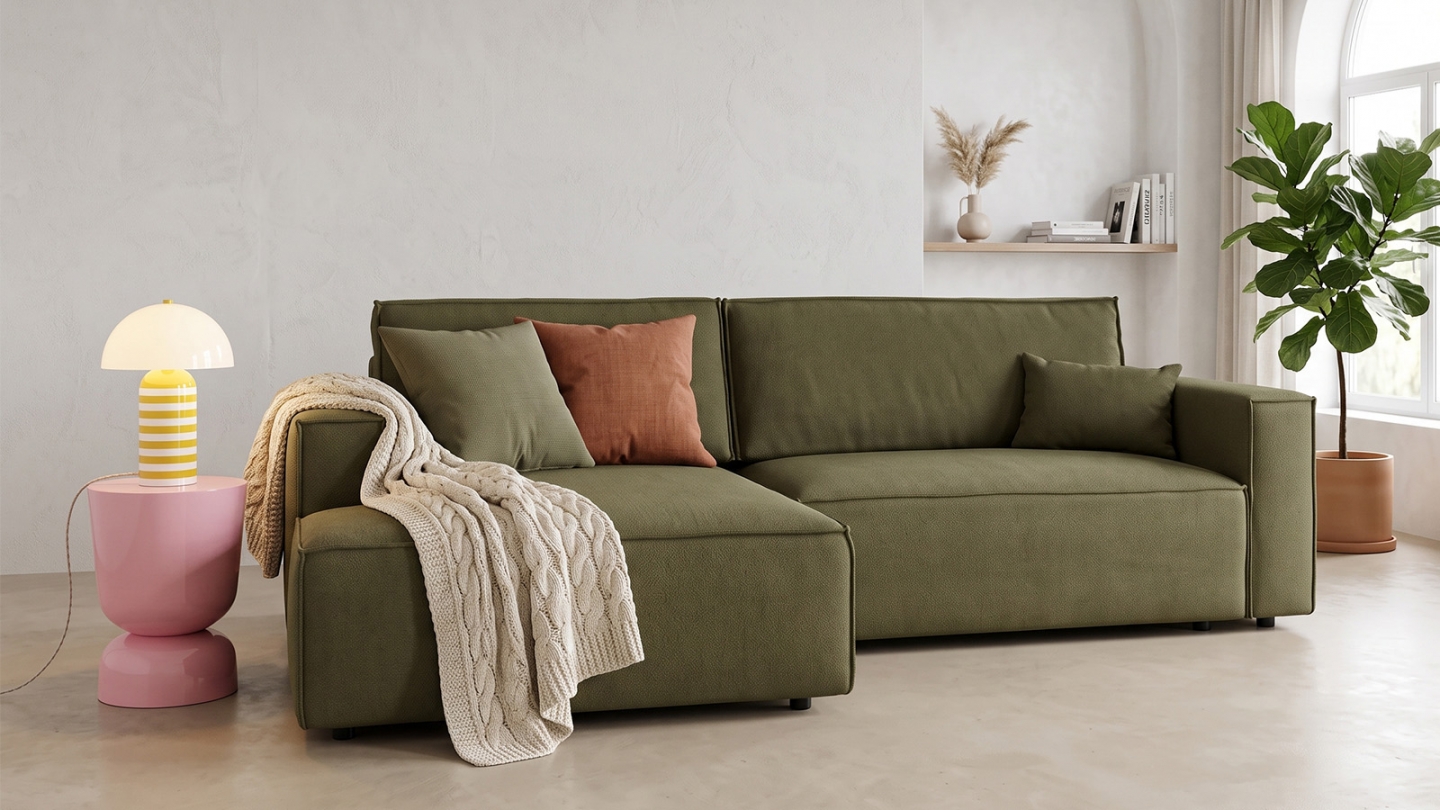 Canapé d'angle à gauche convertible 3 places en tissu chenille vert kaki - Asti Canapé d'angle à gauche convertible 3 places en tissu chenille vert kaki - Asti