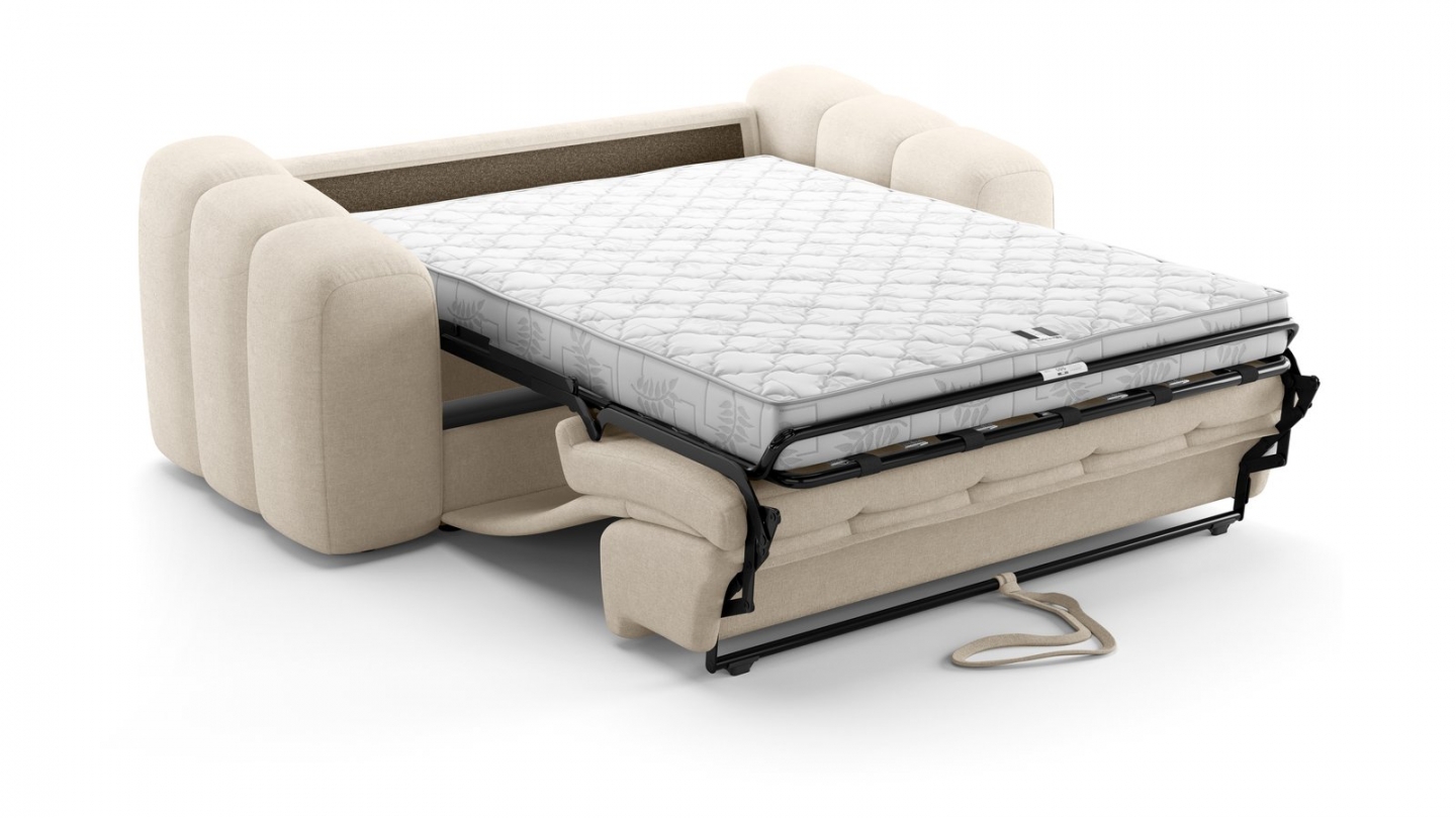 Canapé capitonné convertible 3 places en tissu chenille beige - ouverture express - Belleville Canapé capitonné convertible 3 places en tissu chenille beige - ouverture express - Belleville