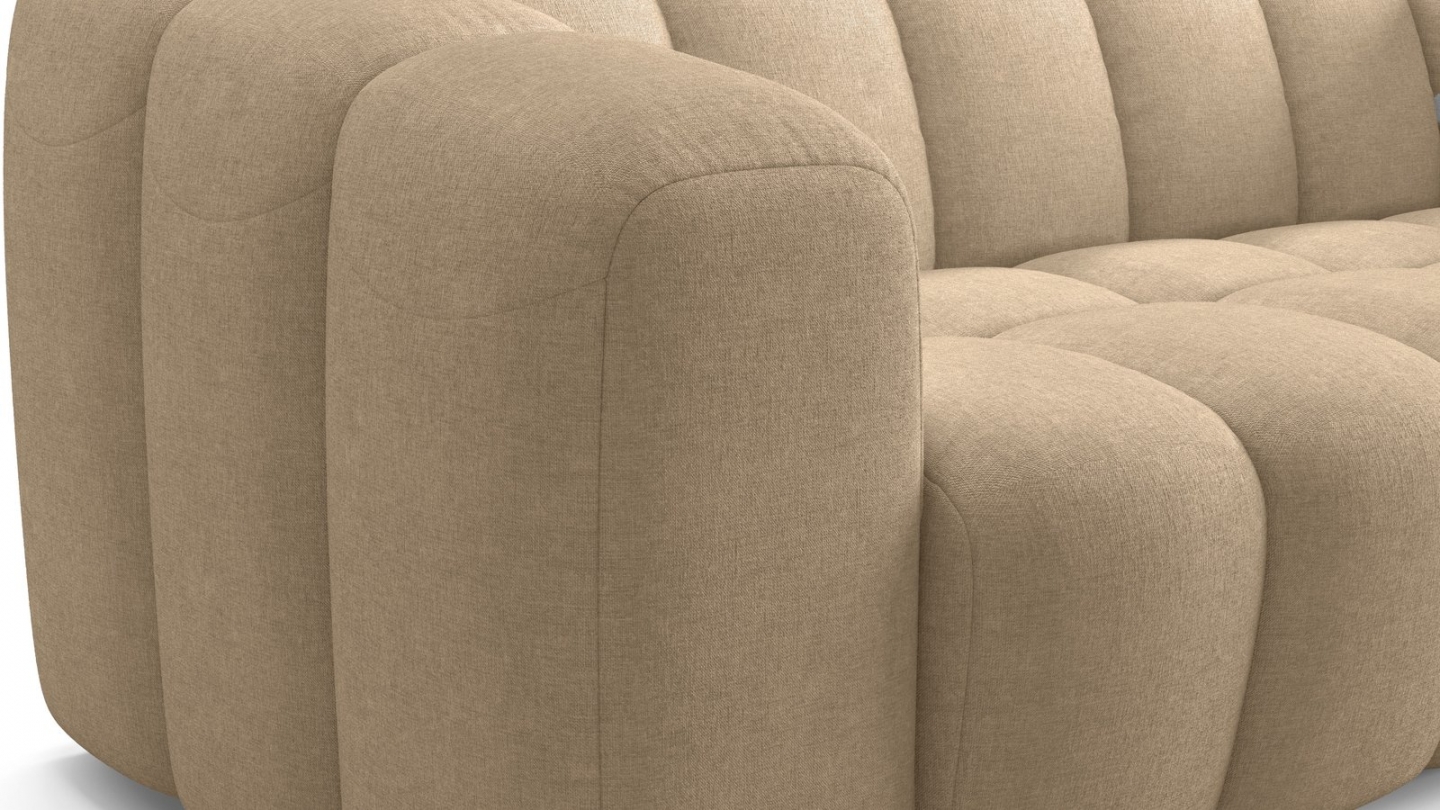 Canapé capitonné convertible 3 places en tissu chenille taupe - ouverture express - Belleville Canapé capitonné convertible 3 places en tissu chenille taupe - ouverture express - Belleville