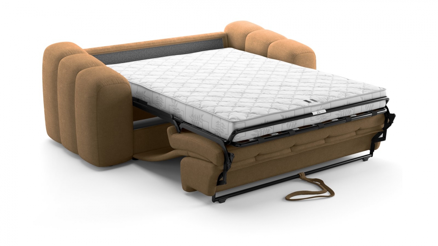 Canapé capitonné convertible 3 places en tissu chenille moka - ouverture express - Belleville Canapé capitonné convertible 3 places en tissu chenille moka - ouverture express - Belleville