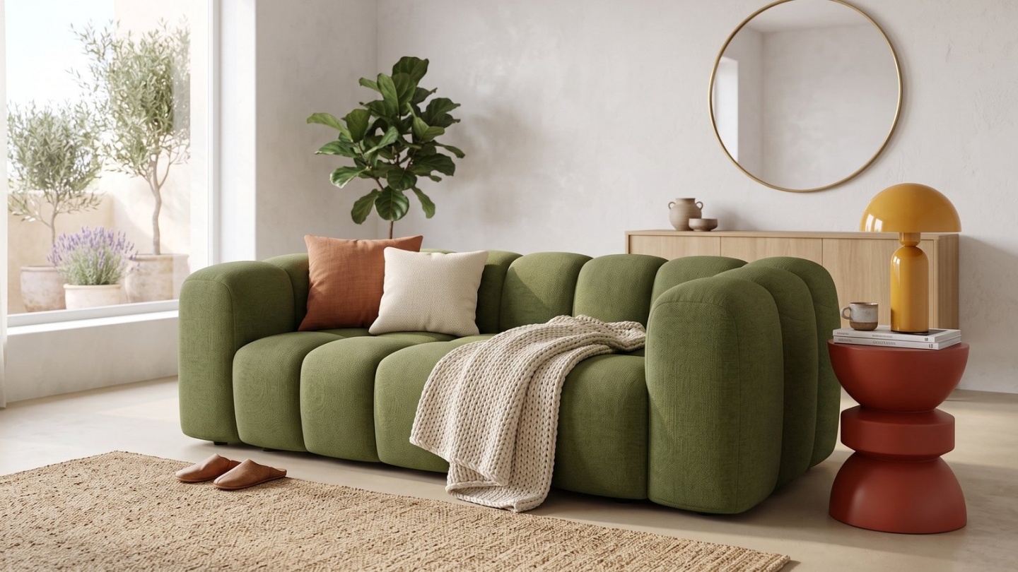 Canapé capitonné convertible 3 places en tissu chenille vert olive - ouverture express - Belleville Canapé capitonné convertible 3 places en tissu chenille vert olive - ouverture express - Belleville