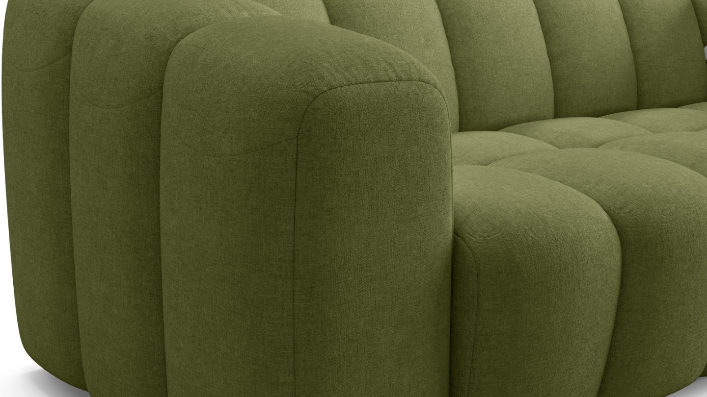 Canapé capitonné convertible 3 places en tissu chenille vert olive - ouverture express - Belleville Canapé capitonné convertible 3 places en tissu chenille vert olive - ouverture express - Belleville
