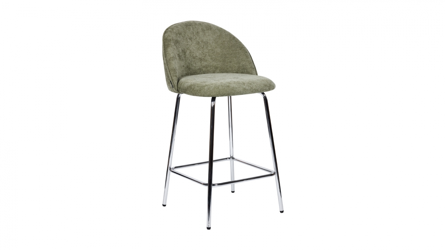 Lot de 2 tabourets de bar en tissu chenille vert olive, piètement chromé - Alta Lot de 2 tabourets de bar en tissu chenille vert olive, piètement chromé - Alta