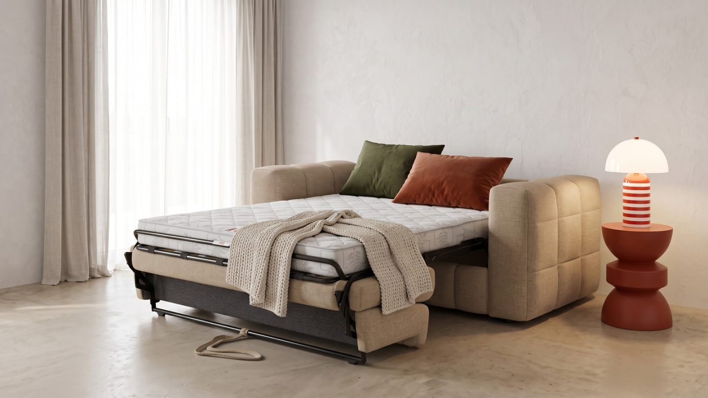 Canapé capitonné convertible 3 places en tissu chenille taupe - ouverture express - Cester Canapé capitonné convertible 3 places en tissu chenille taupe - ouverture express - Cester