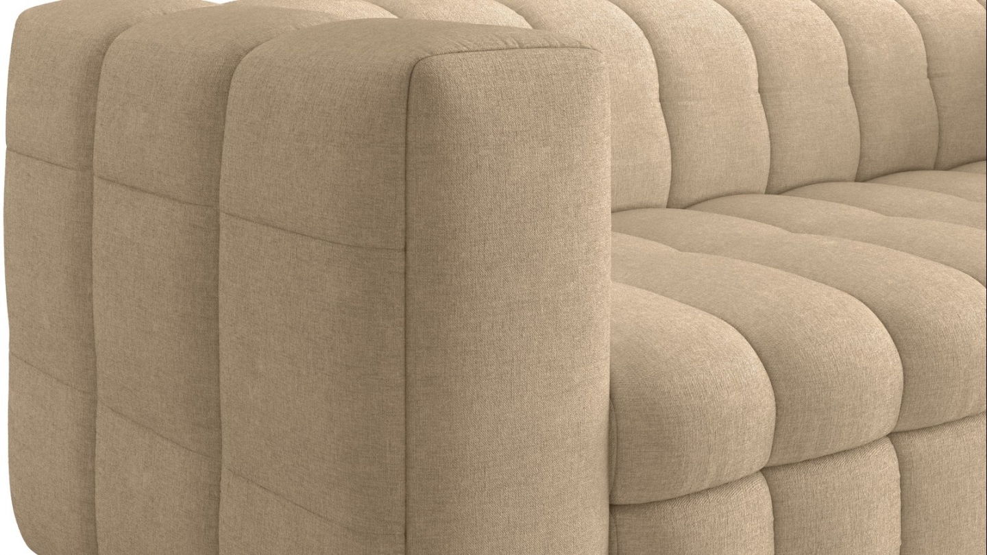Canapé capitonné convertible 3 places en tissu chenille taupe - ouverture express - Cester Canapé capitonné convertible 3 places en tissu chenille taupe - ouverture express - Cester