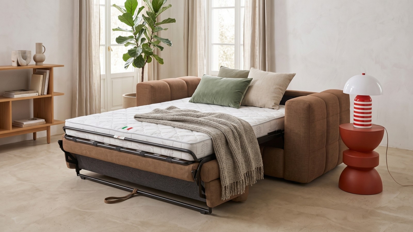 Canapé capitonné convertible 3 places en tissu chenille moka - ouverture express - Cester Canapé capitonné convertible 3 places en tissu chenille moka - ouverture express - Cester