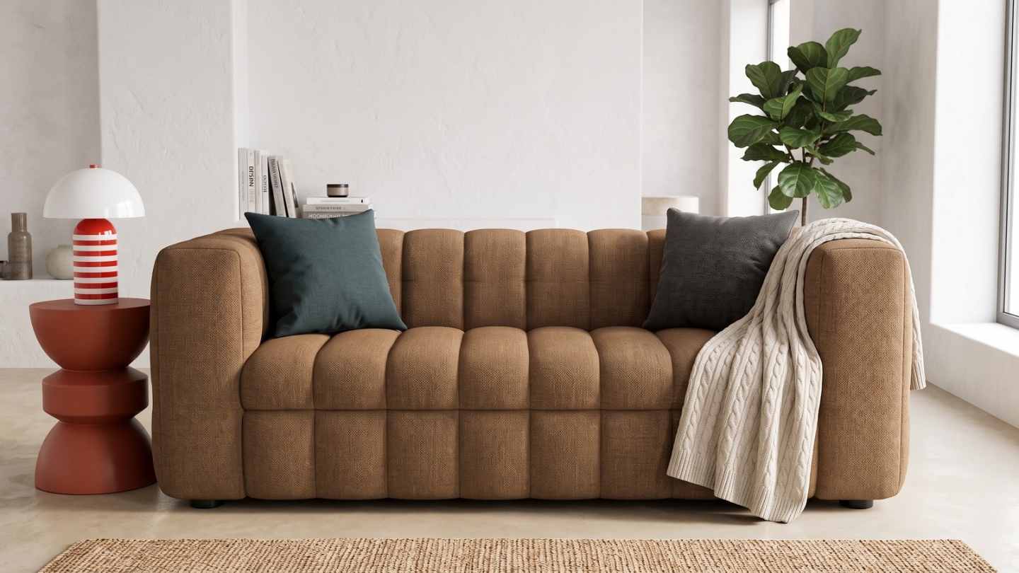 Canapé capitonné convertible 3 places en tissu chenille moka - ouverture express - Cester Canapé capitonné convertible 3 places en tissu chenille moka - ouverture express - Cester
