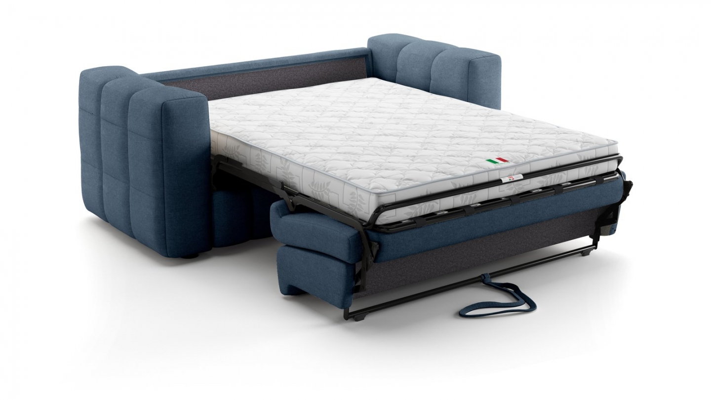 Canapé capitonné convertible 3 places en tissu chenille bleu foncé - ouverture express - Cester Canapé capitonné convertible 3 places en tissu chenille bleu foncé - ouverture express - Cester