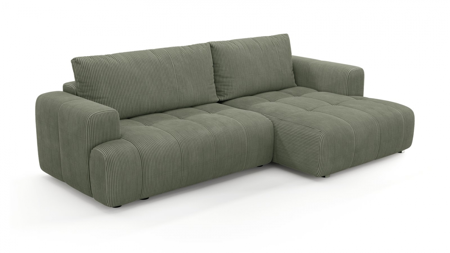 Canapé d'angle à droite convertible 4 places en tissu chenille vert olive - ouverture rapide - Karl Canapé d'angle à droite convertible 4 places en tissu chenille vert olive - ouverture rapide - Karl