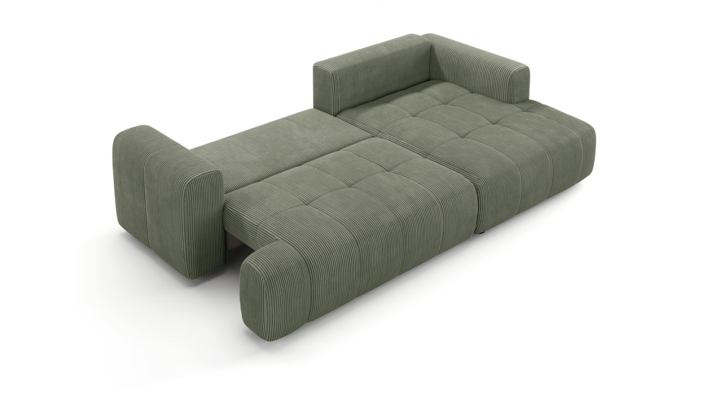 Canapé d'angle à droite convertible 4 places en tissu chenille vert olive - ouverture rapide - Karl Canapé d'angle à droite convertible 4 places en tissu chenille vert olive - ouverture rapide - Karl