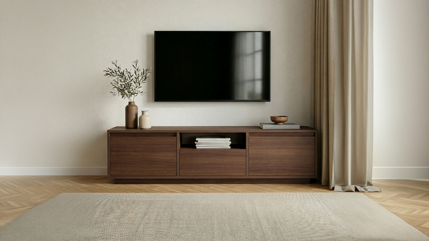 Meuble TV 3 portes 1 niche effet noyer 160 cm - Havia Meuble TV 3 portes 1 niche effet noyer 160 cm - Havia
