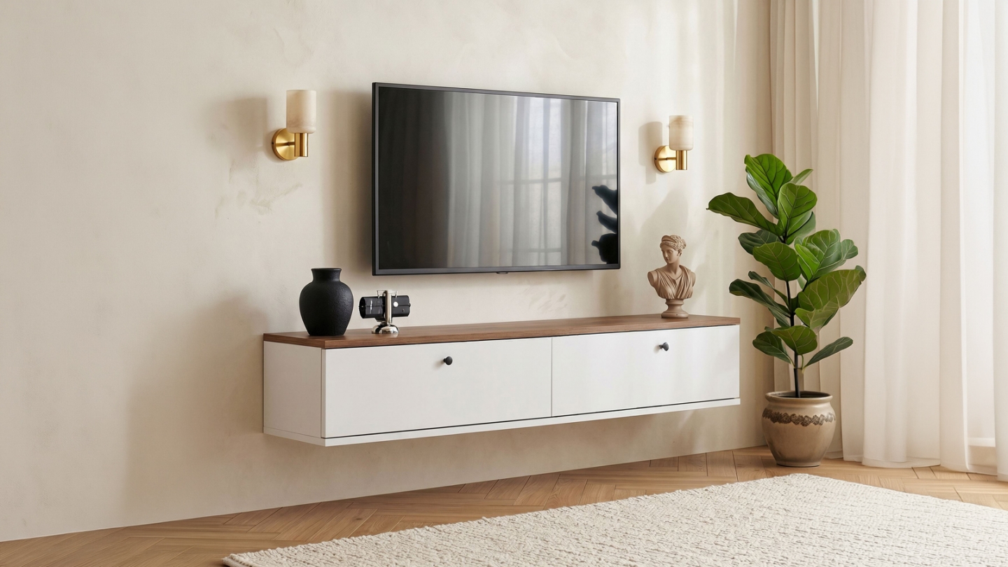 Meuble TV 2 portes effet pin et blanc 140 cm - Farel Meuble TV 2 portes effet pin et blanc 140 cm - Farel