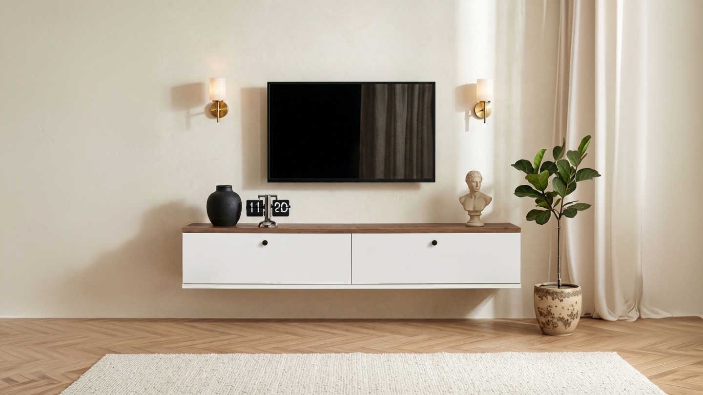 Meuble TV 2 portes effet pin et blanc 140 cm - Farel Meuble TV 2 portes effet pin et blanc 140 cm - Farel