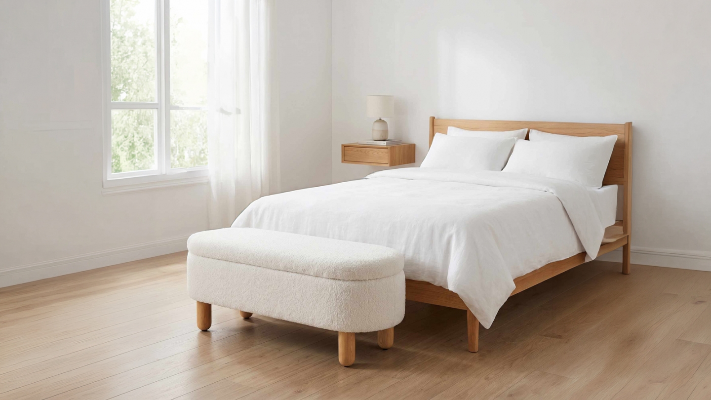 Banc en tissu teddy blanc 120 cm - Solen Banc en tissu teddy blanc 120 cm - Solen