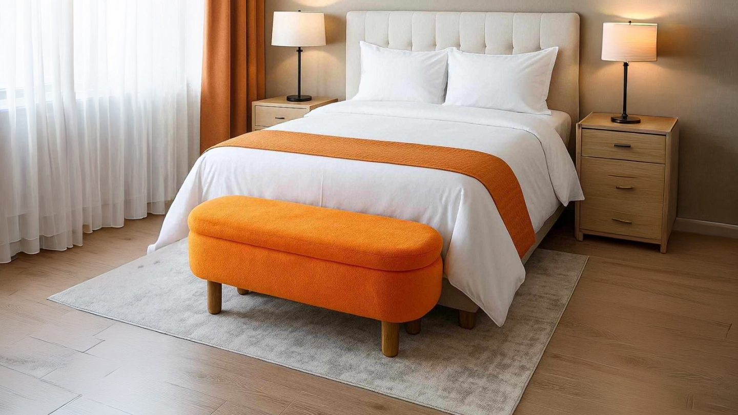 Banc coffre en tissu teddy orange 120 cm - Solen Banc coffre en tissu teddy orange 120 cm - Solen