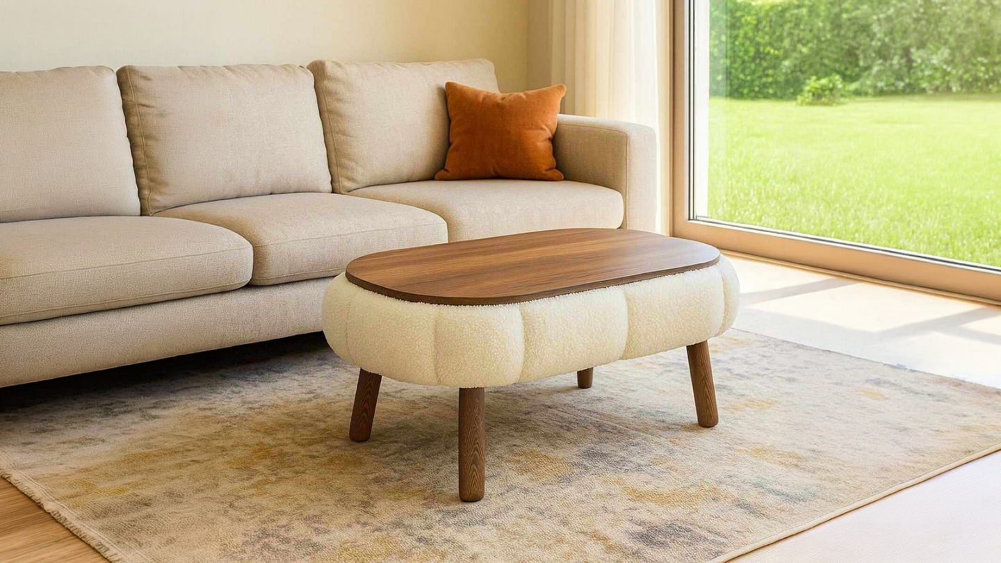 Table basse ovale en tissu teddy blanc 98 cm - Ronia Table basse ovale en tissu teddy blanc 98 cm - Ronia