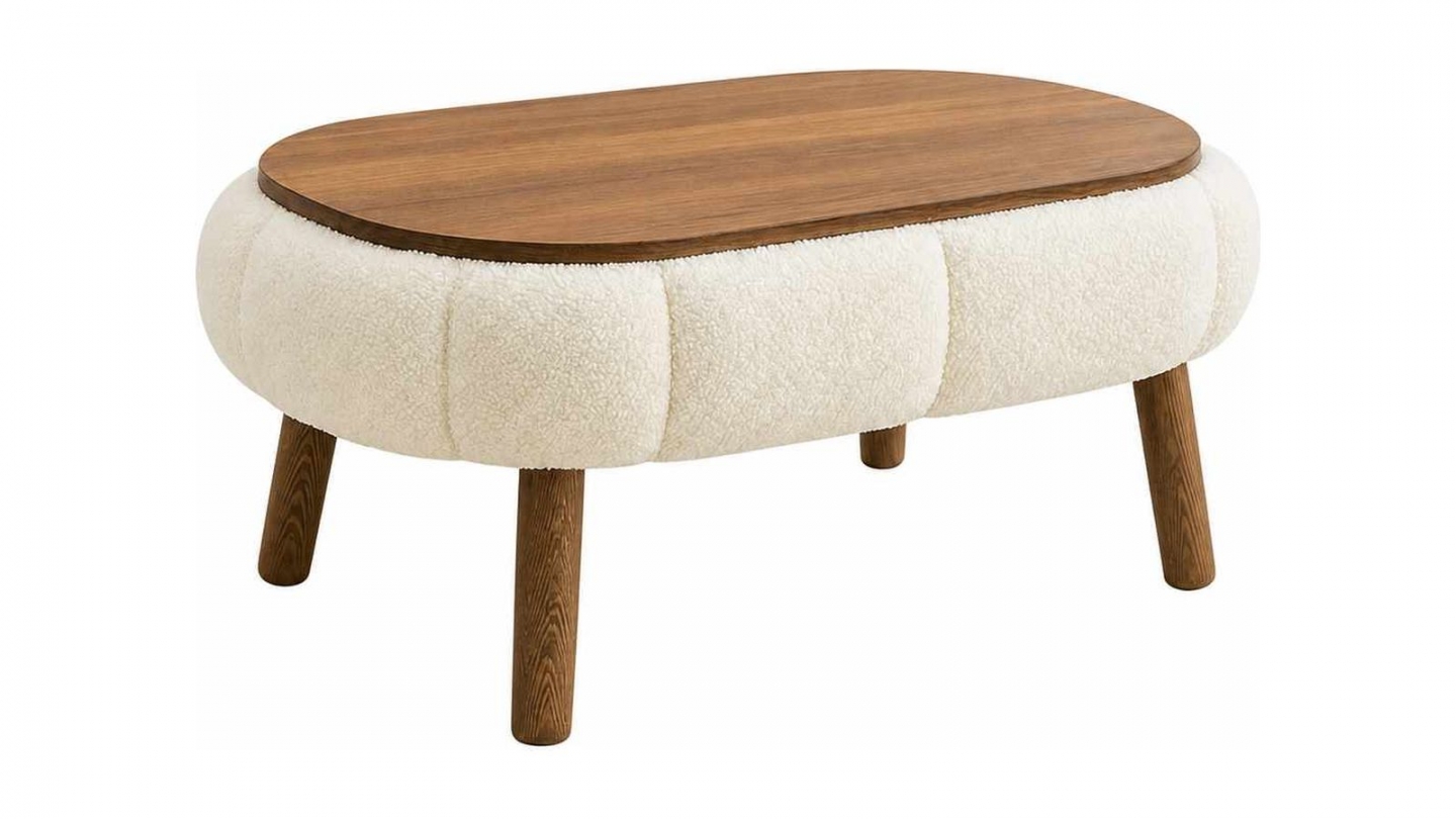 Table basse ovale en tissu teddy blanc 98 cm - Ronia Table basse ovale en tissu teddy blanc 98 cm - Ronia