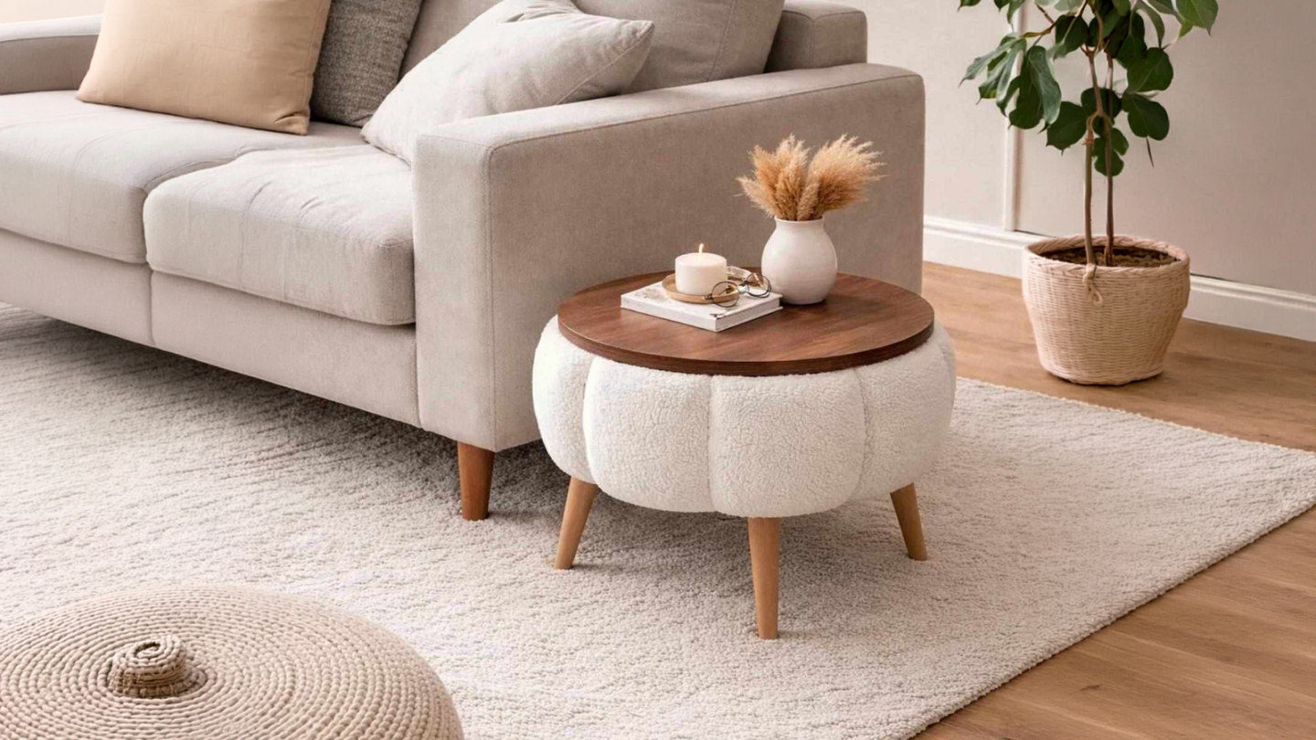 Table d'appoint ronde en tissu teddy blanc 45 cm - Ronia Table d'appoint ronde en tissu teddy blanc 45 cm - Ronia