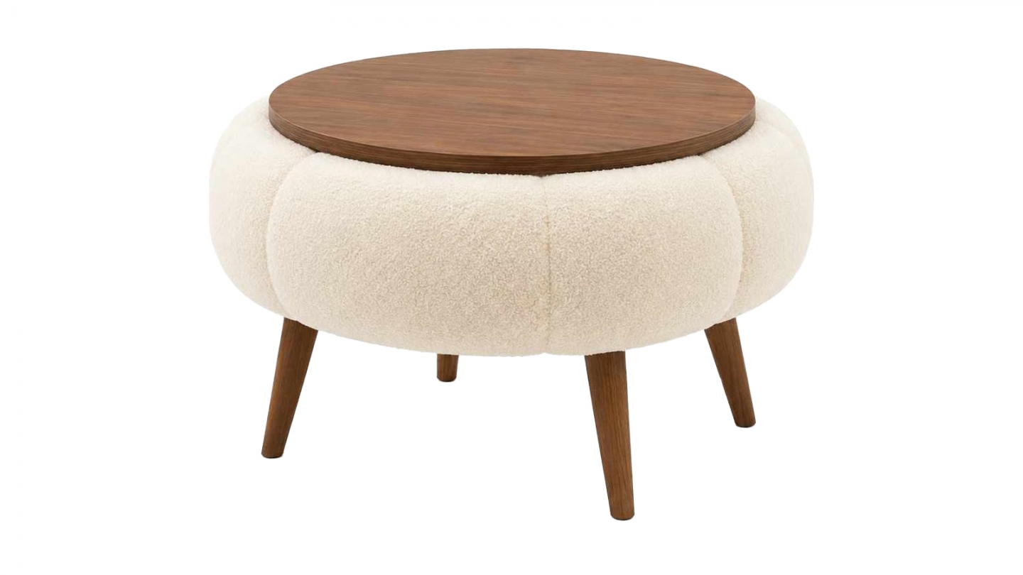 Table basse ronde en tissu teddy effet noyer et crème 60 cm - Silva Table basse ronde en tissu teddy effet noyer et crème 60 cm - Silva