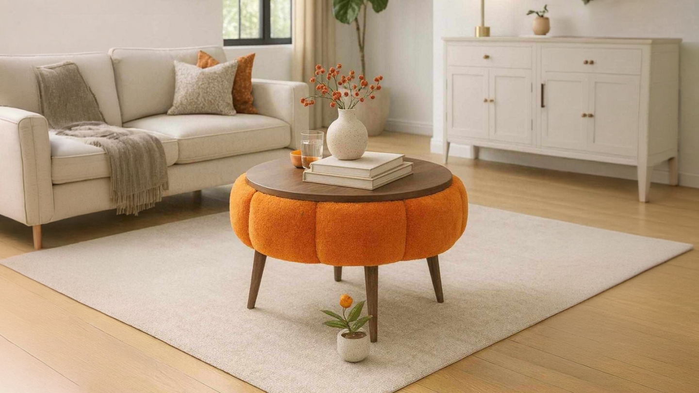 Table basse ronde en tissu teddy effet noyer et orange 60 cm - Silva Table basse ronde en tissu teddy effet noyer et orange 60 cm - Silva