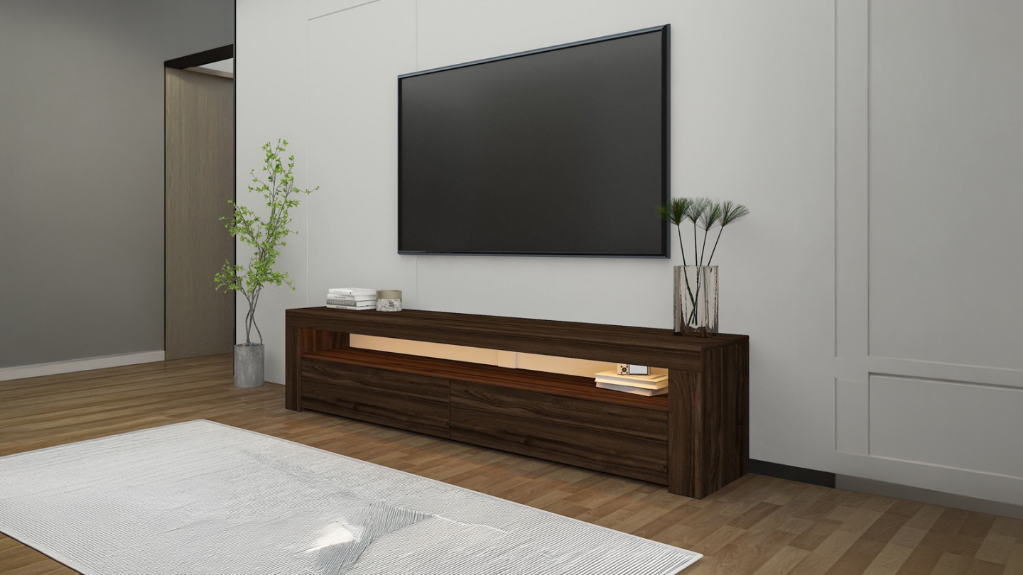 Meuble TV LED 2 portes 1 niche effet noyer 150 cm - Aveiro Meuble TV LED 2 portes 1 niche effet noyer 150 cm - Aveiro