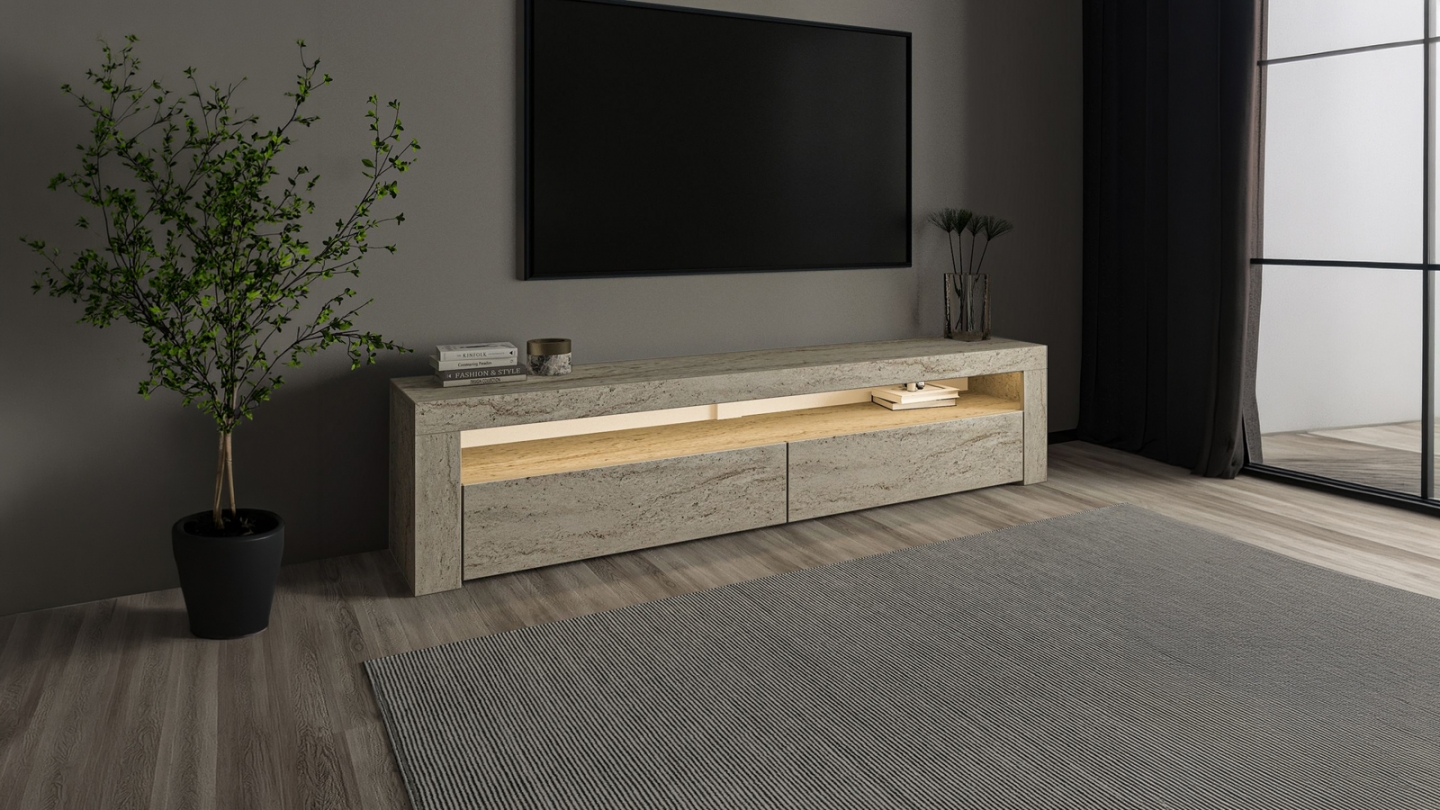 Meuble TV LED 2 portes 1 niche effet travertin 150 cm - Aveiro Meuble TV LED 2 portes 1 niche effet travertin 150 cm - Aveiro