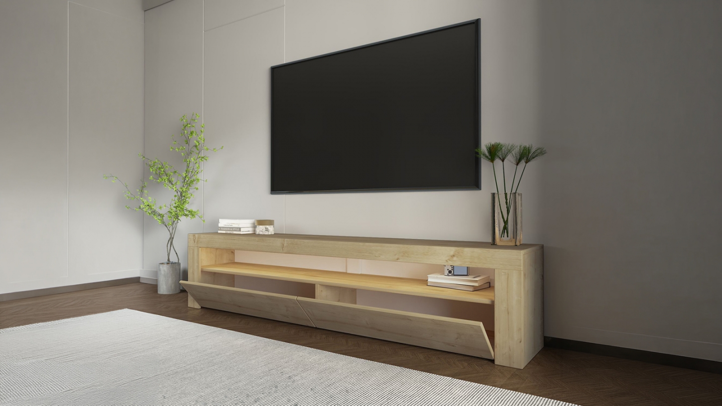Meuble TV LED 2 portes 1 niche effet chêne clair 150 cm - Aveiro Meuble TV LED 2 portes 1 niche effet chêne clair 150 cm - Aveiro