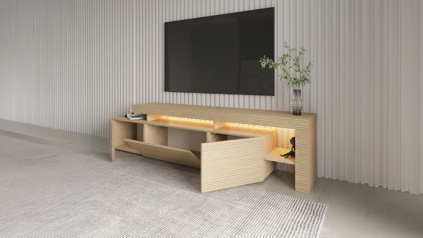 Meuble TV LED 3 portes 4 niches effet chêne 192 cm - Ilia Meuble TV LED 3 portes 4 niches effet chêne 192 cm - Ilia