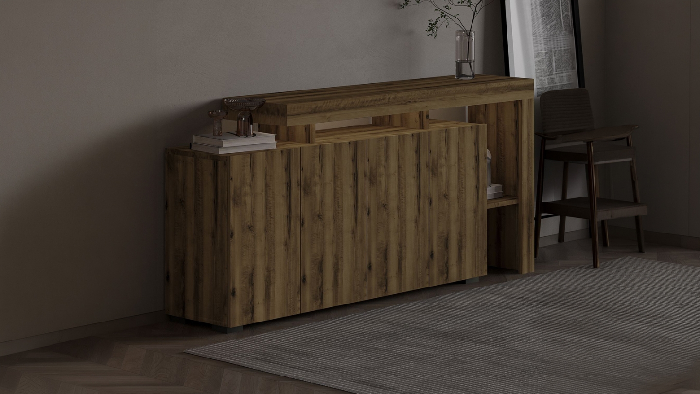 Buffet LED 4 portes 4 niches effet noyer 170 cm - Ilia Buffet LED 4 portes 4 niches effet noyer 170 cm - Ilia