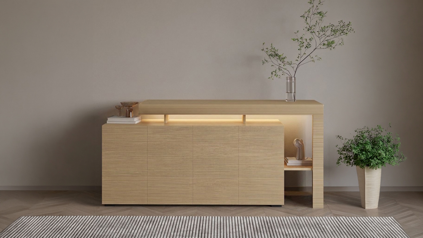 Buffet LED 4 portes 4 niches effet chêne 170 cm - Ilia Buffet LED 4 portes 4 niches effet chêne 170 cm - Ilia