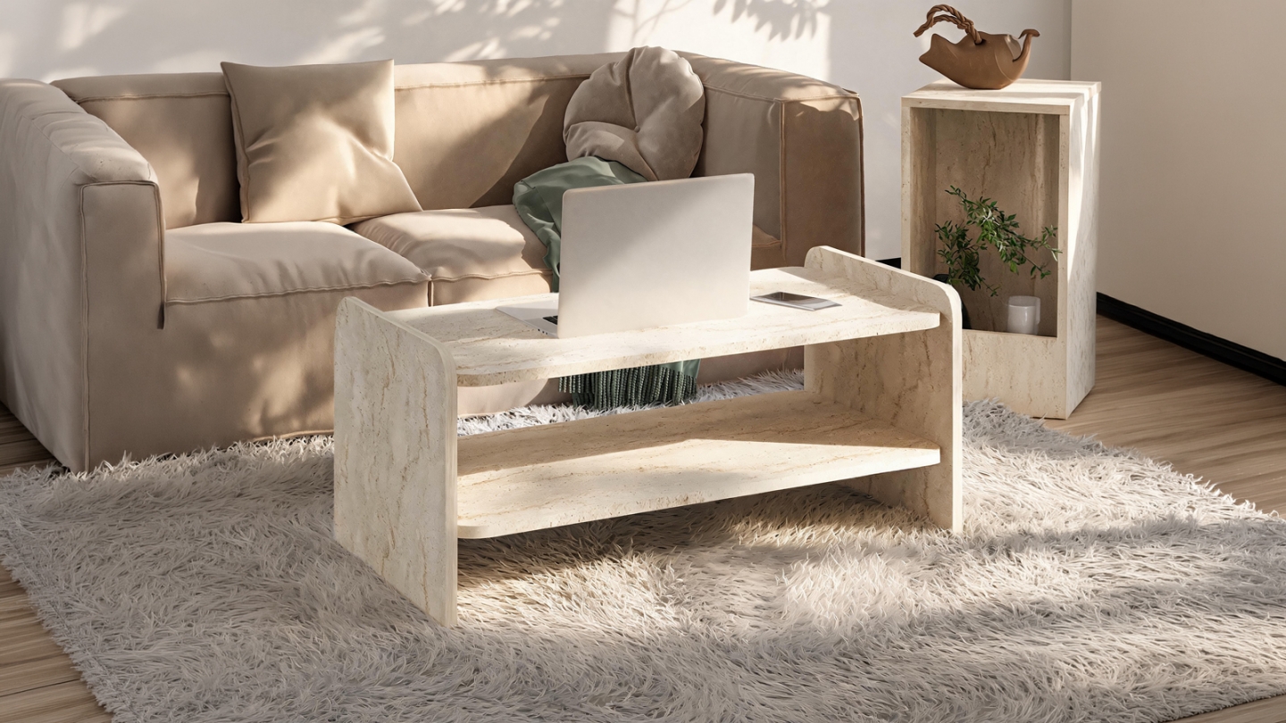 Table basse 1 niche effet travertin 89,8 cm - Cielo Table basse 1 niche effet travertin 89,8 cm - Cielo
